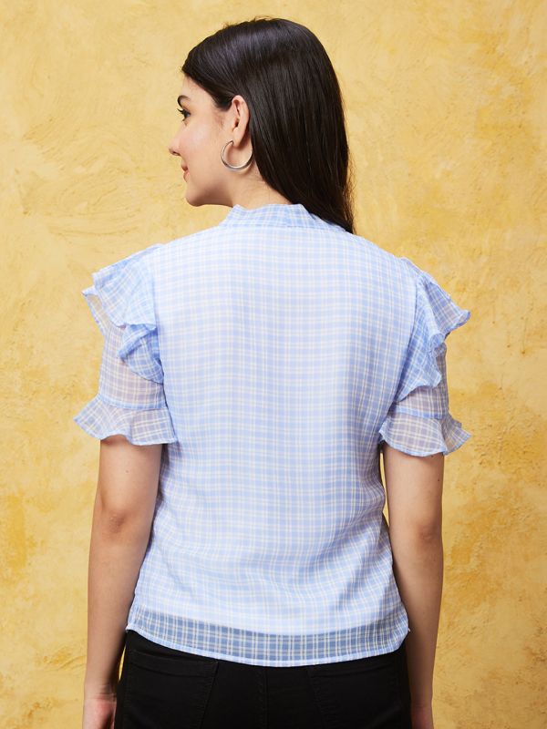 Globus Women Blue Checked Tie-Up Neck Ruffled Casual Top
