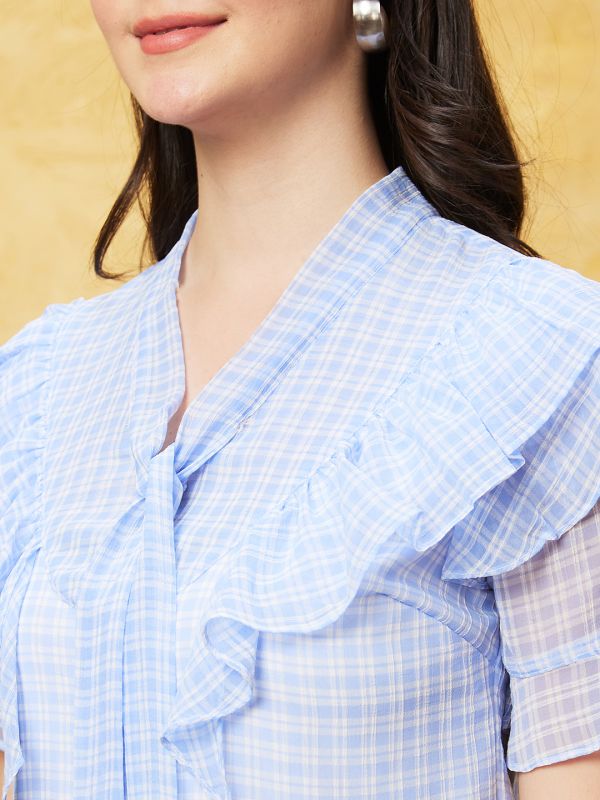 Globus Women Blue Checked Tie-Up Neck Ruffled Casual Top
