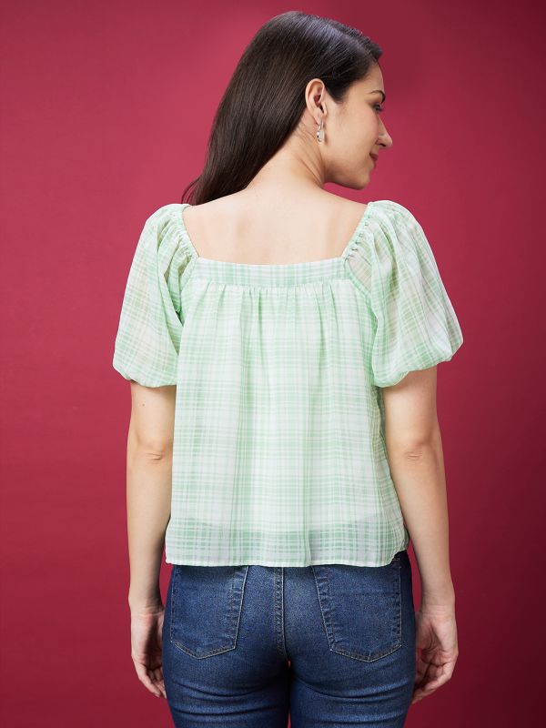 Globus Women Green Checked Square Neck Casual Top
