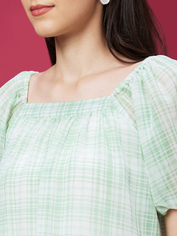Globus Women Green Checked Square Neck Casual Top
