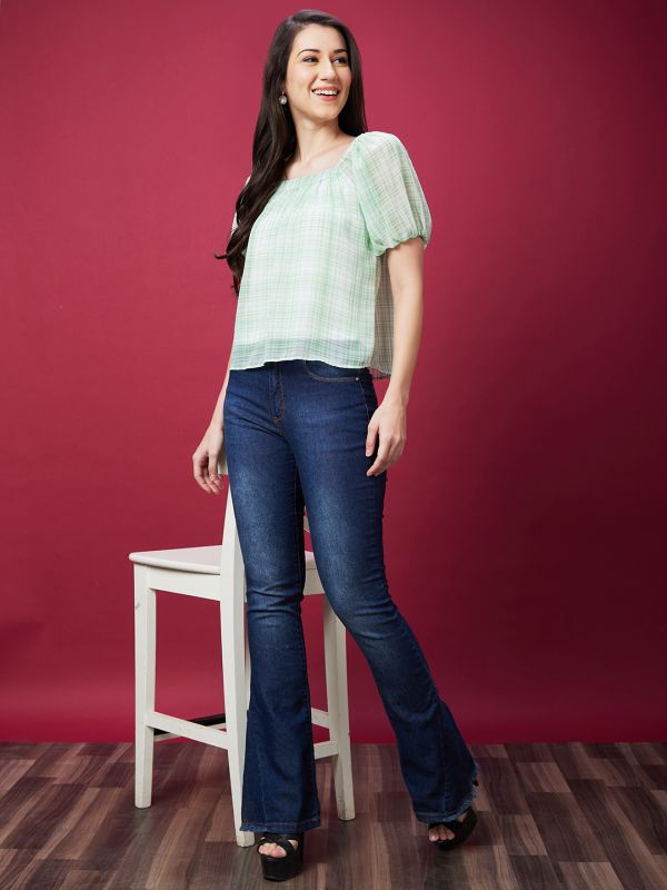 Globus Women Green Checked Square Neck Casual Top