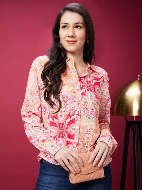Globus Women Pink Ethnic Print Cuffed Sleeves Opaque Shirt Style Top