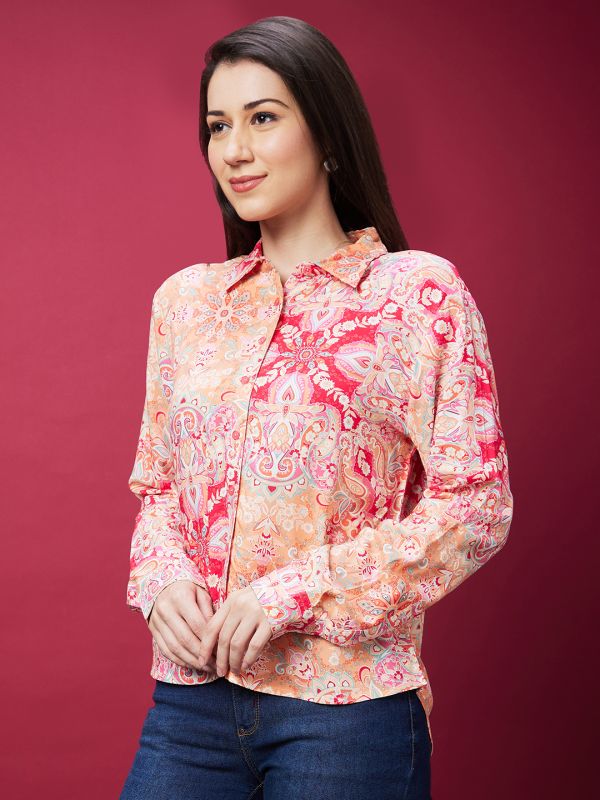 Globus Women Pink Ethnic Print Cuffed Sleeves Opaque Shirt Style Top