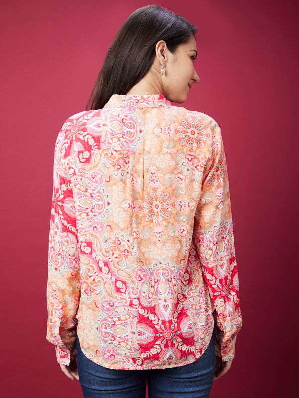 Globus Women Pink Ethnic Print Cuffed Sleeves Opaque Shirt Style Top
