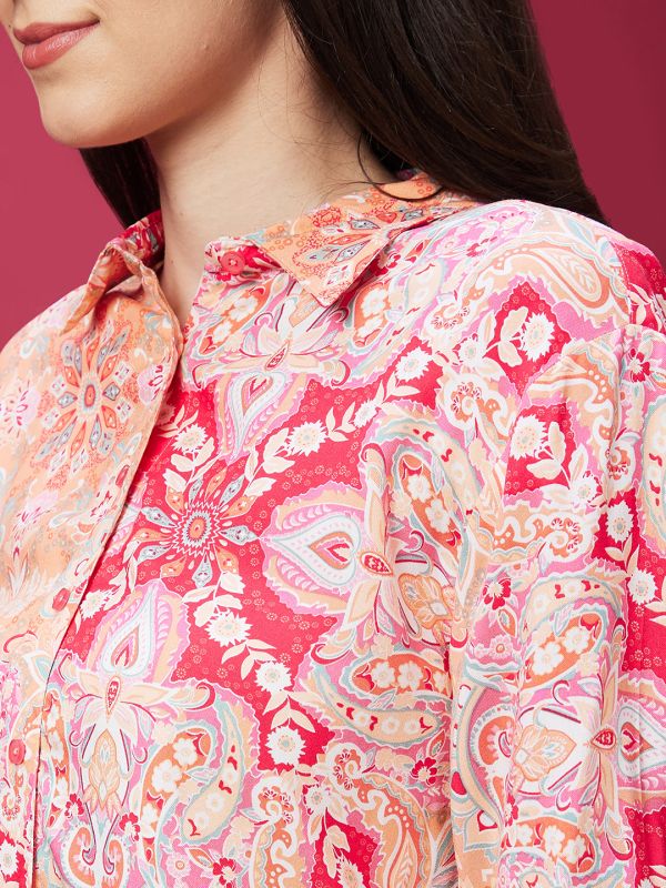 Globus Women Pink Ethnic Print Cuffed Sleeves Opaque Shirt Style Top