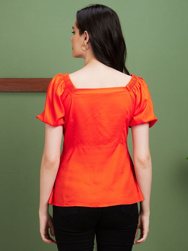 Globus Women Orange Solid Sweetheart Neck Casual Top