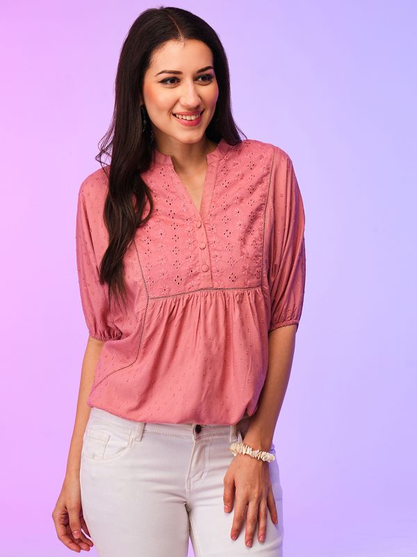 Globus Women Pink Batwing Sleeve Schiffli Summer Top