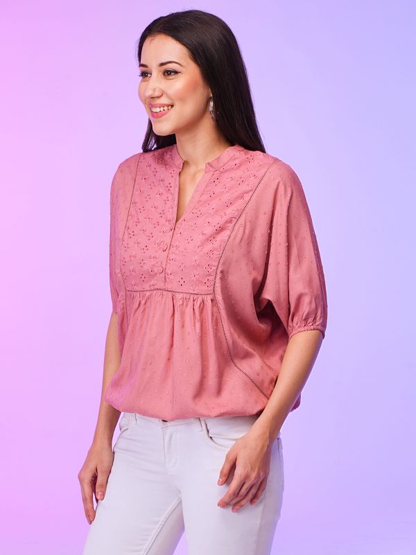 Globus Women Pink Batwing Sleeve Schiffli Summer Top