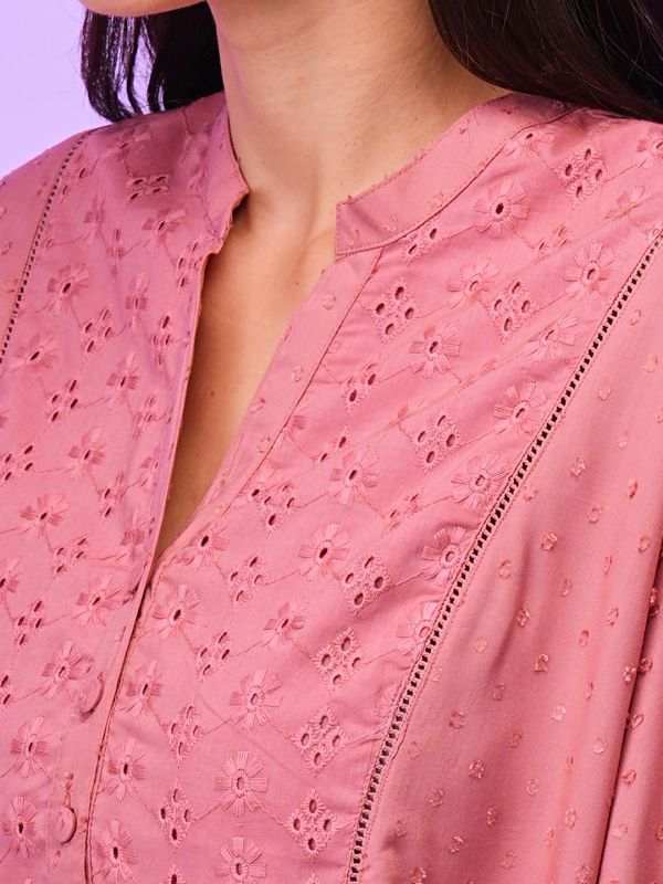 Globus Women Pink Batwing Sleeve Schiffli Summer Top