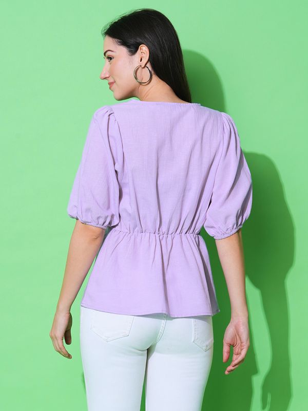 Globus Women Lavender V-Neck Puff Sleeves Solid Workwear Peplum Top