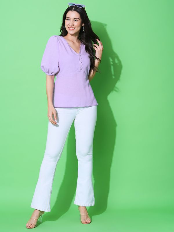 Globus Women Lavender V-Neck Puff Sleeves Solid Workwear Peplum Top