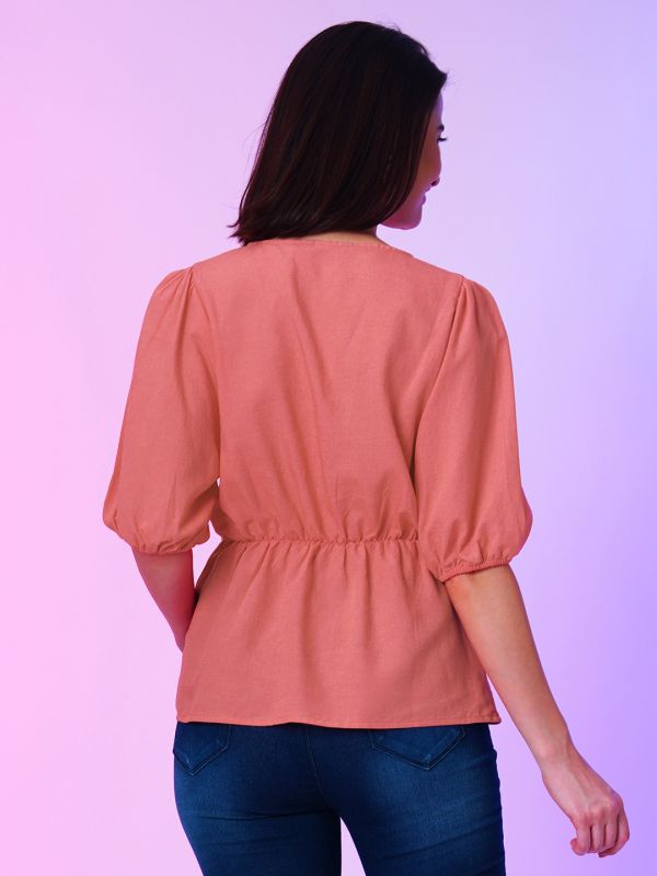 Globus Women Coral V-Neck Puff Sleeves Peplum Top