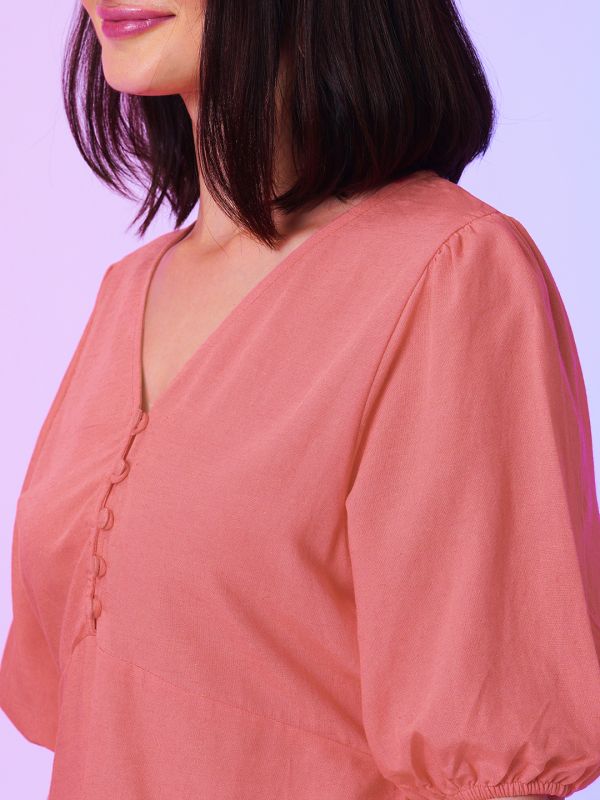 Globus Women Coral V-Neck Puff Sleeves Peplum Top