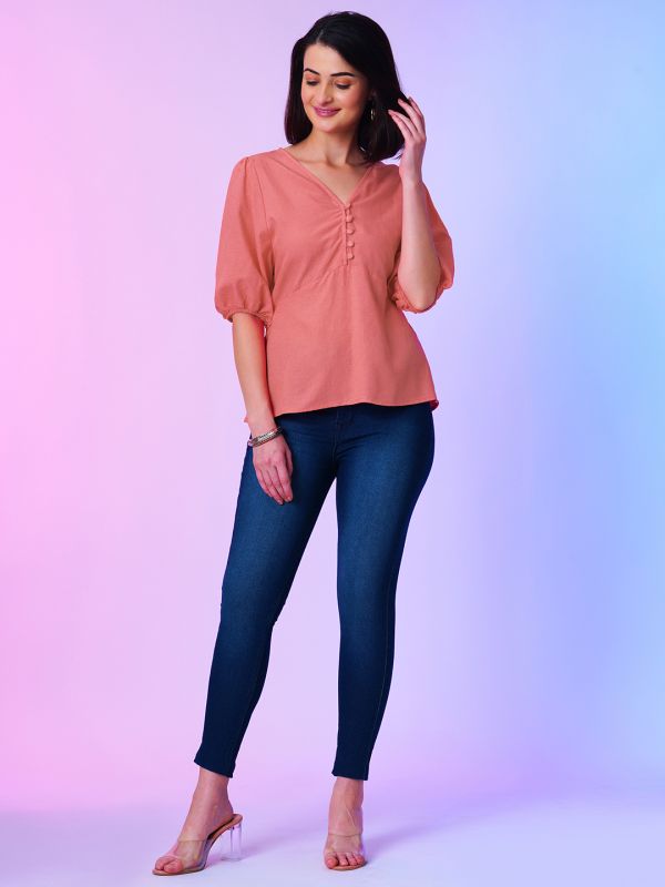 Globus Women Coral V-Neck Puff Sleeves Peplum Top