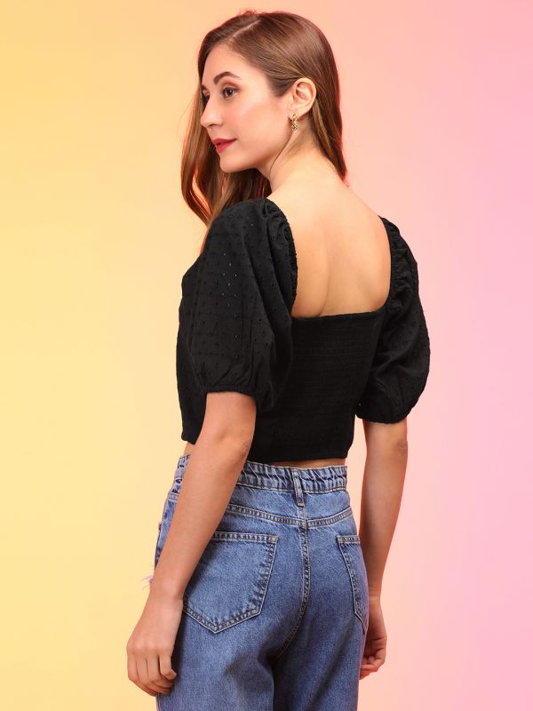 Globus Women Black Schiffli Puff Sleeve Crop Top