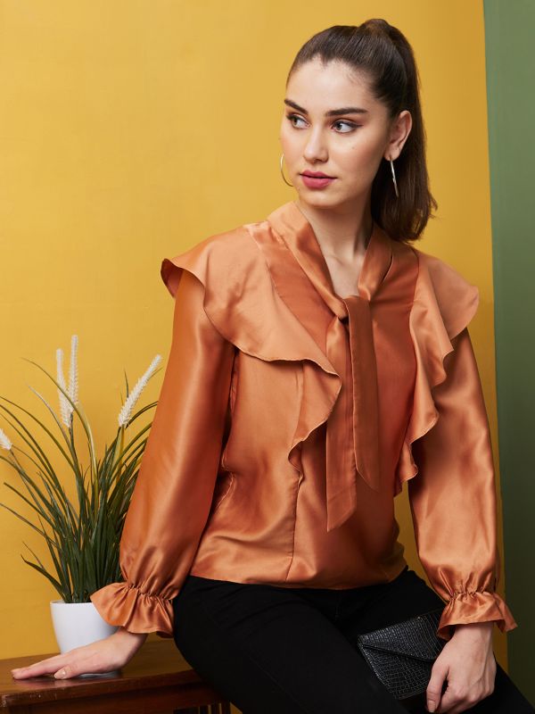 Globus Women Terra Cotta Solid Casual V-Neck Regular Top