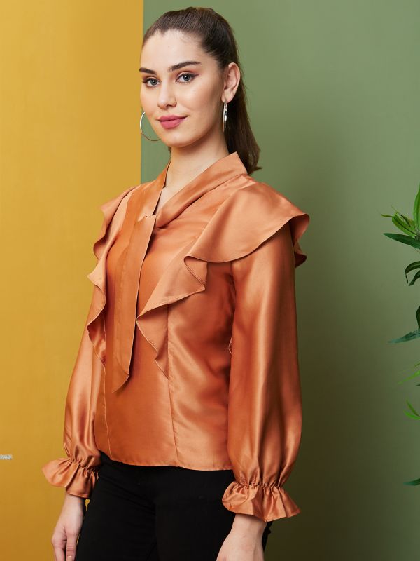 Globus Women Terra Cotta Solid Casual V-Neck Regular Top