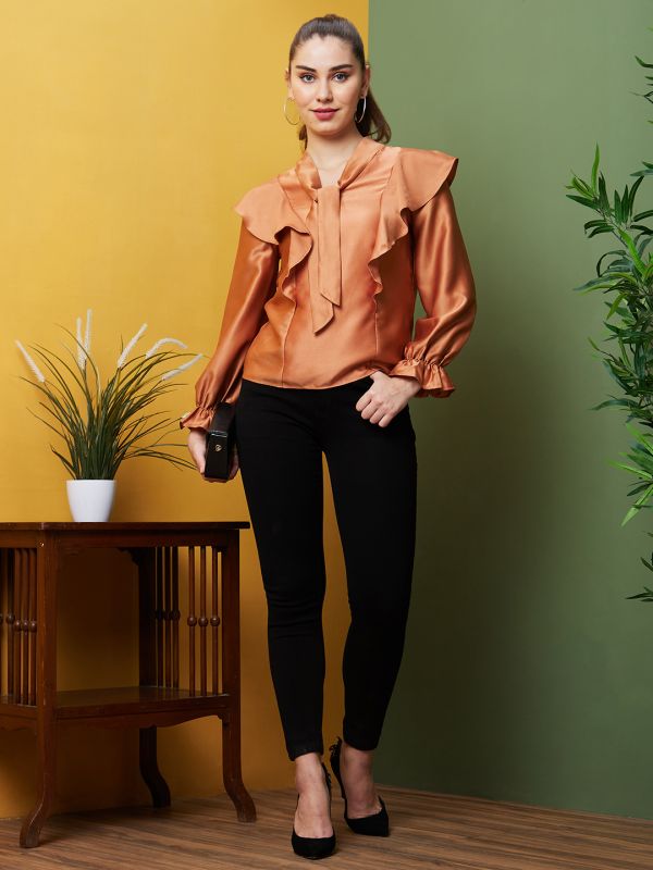 Globus Women Terra Cotta Solid Casual V-Neck Regular Top