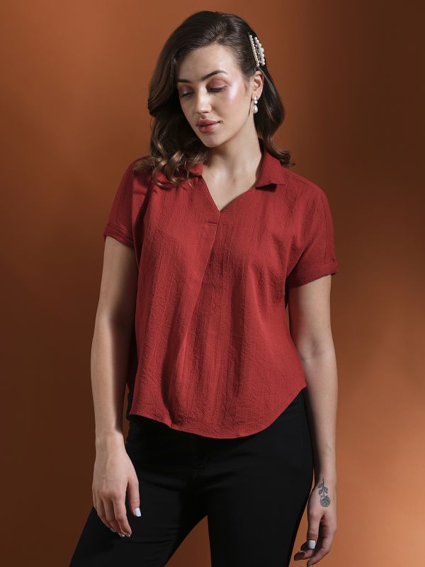 Globus Women Rust Collared Neck Extended Sleeves Self Design Shirt Style Workwear Top
