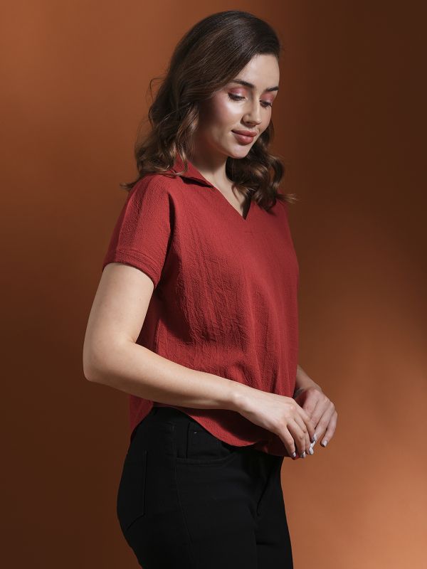 Globus Women Rust Collared Neck Extended Sleeves Self Design Shirt Style Workwear Top