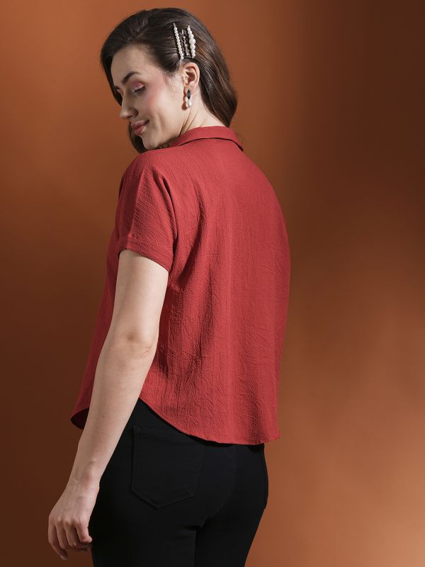 Globus Women Rust Collared Neck Extended Sleeves Self Design Shirt Style Workwear Top