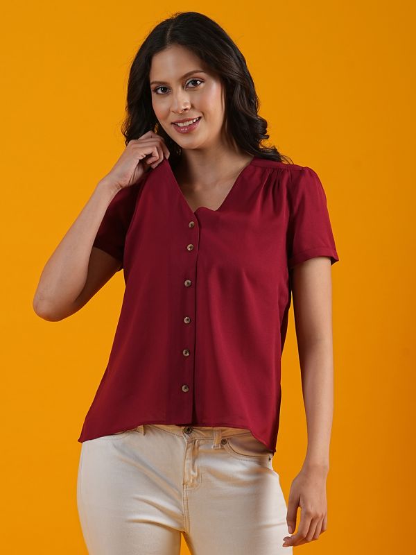 Globus Women Red V-Neck Short Puff Sleeves Workwear Shirt Style Top