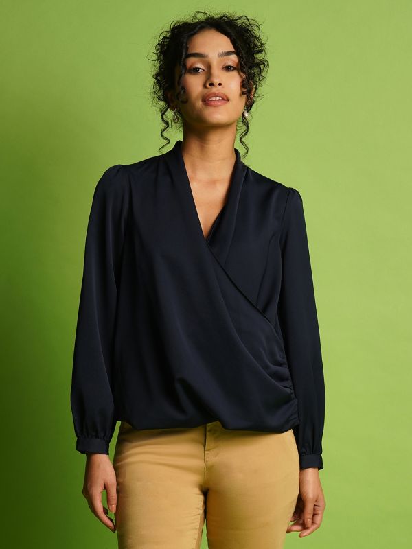 Globus Women Navy Blue Solid V-Wrap Neck Cuffed Sleeve Waist Gathered Style Satin Workwear Top