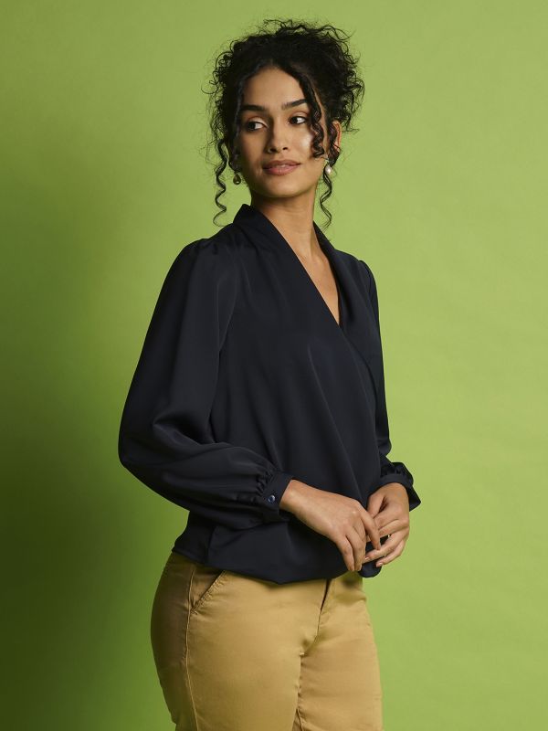 Globus Women Navy Blue Solid V-Wrap Neck Cuffed Sleeve Waist Gathered Style Satin Workwear Top
