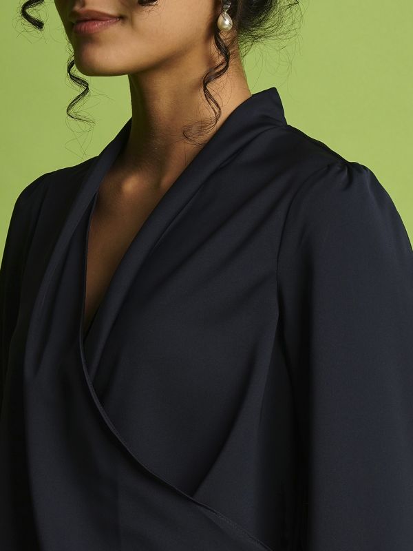 Globus Women Navy Blue Solid V-Wrap Neck Cuffed Sleeve Waist Gathered Style Satin Workwear Top