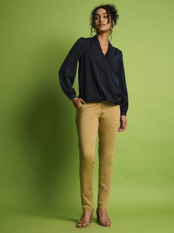 Globus Women Navy Blue Solid V-Wrap Neck Cuffed Sleeve Waist Gathered Style Satin Workwear Top