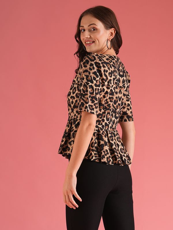 Globus Women Brown Boat Neck Puff Sleeves Animal Print Workwear Peplum Top