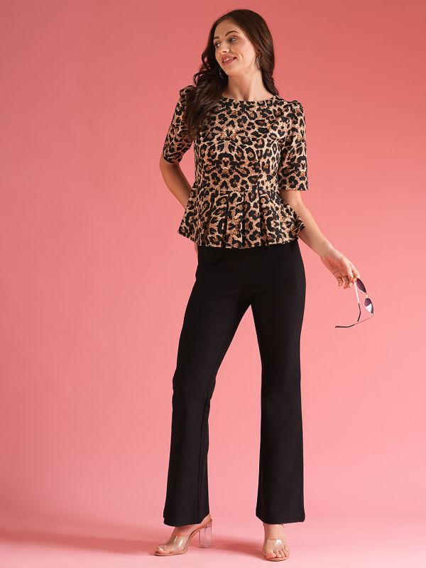 Globus Women Brown Boat Neck Puff Sleeves Animal Print Workwear Peplum Top