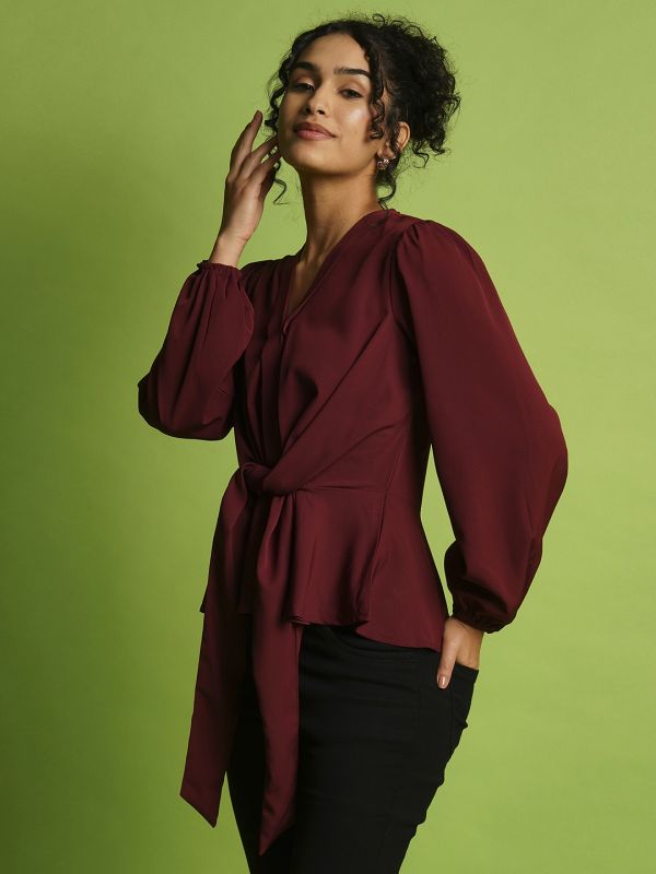 Globus Women Maroon V-Neck Bishop Sleeve Crepe Tie-Up Style Workwear Peplum Top