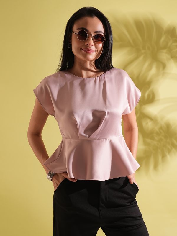 Globus Women Pink Satin Round Neck Extended Sleeves Peplum Work Wear Top