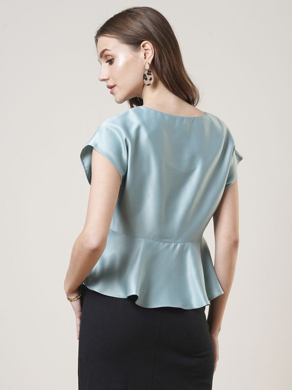 Globus Women Green Satin Extended Sleeves Peplum Workwear Top