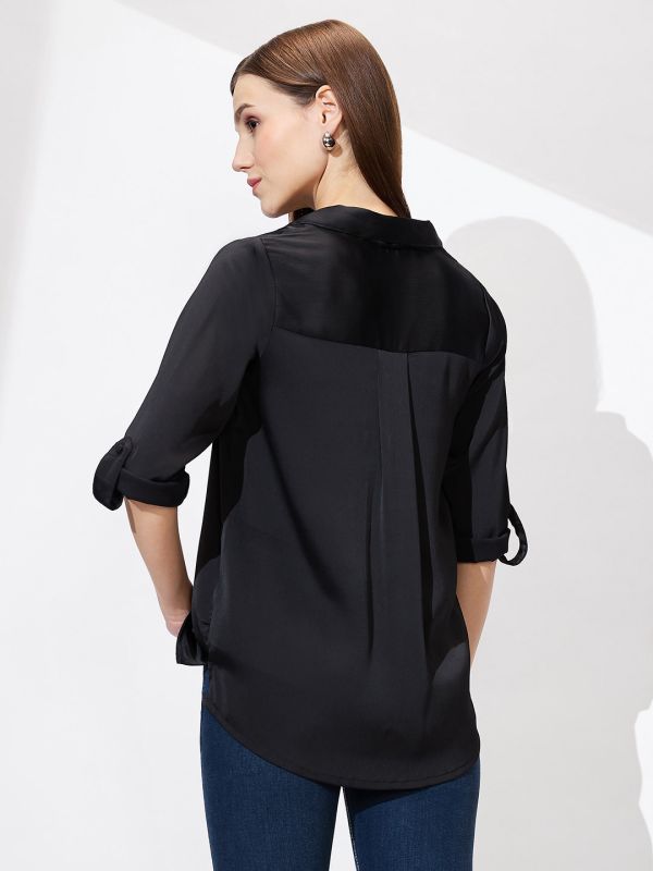 Globus Women Black Cuban Collar Roll Up Sleeves Solid Satin Shirt Style Workwear Top