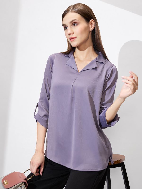 Globus Women Mauve Cuban Collar Roll Up Sleeves Solid Satin Shirt Style Workwear Top