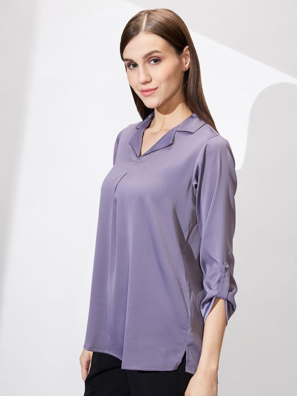 Globus Women Mauve Cuban Collar Roll Up Sleeves Solid Satin Shirt Style Workwear Top