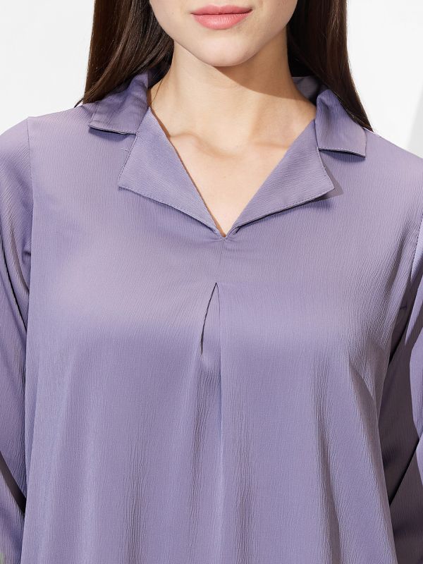 Globus Women Mauve Cuban Collar Roll Up Sleeves Solid Satin Shirt Style Workwear Top