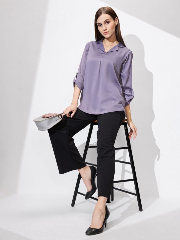 Globus Women Mauve Cuban Collar Roll Up Sleeves Solid Satin Shirt Style Workwear Top