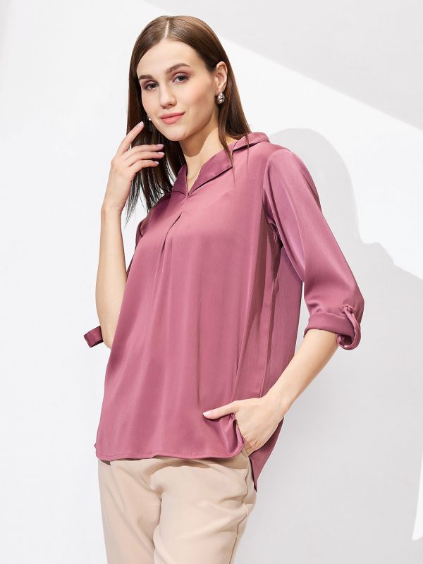 Globus Women Pink Cuban Collar Roll Up Sleeves Solid Satin Shirt Style Workwear Top