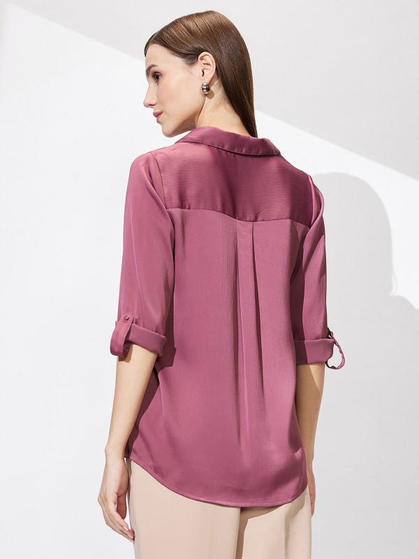 Globus Women Pink Cuban Collar Roll Up Sleeves Solid Satin Shirt Style Workwear Top