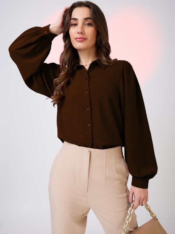 Globus Women Brown Collared Neck Cuffed Sleeves Shirt Style Work Wear Top