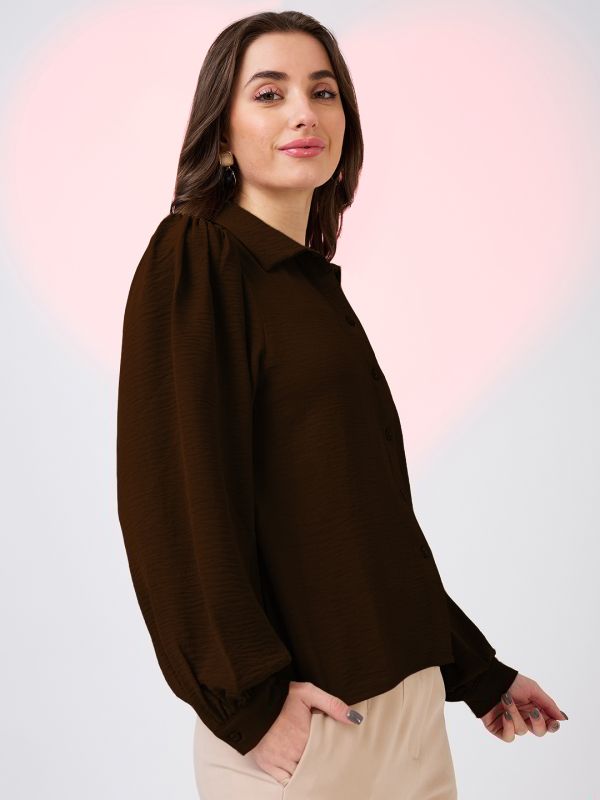 Globus Women Brown Collared Neck Cuffed Sleeves Shirt Style Work Wear Top