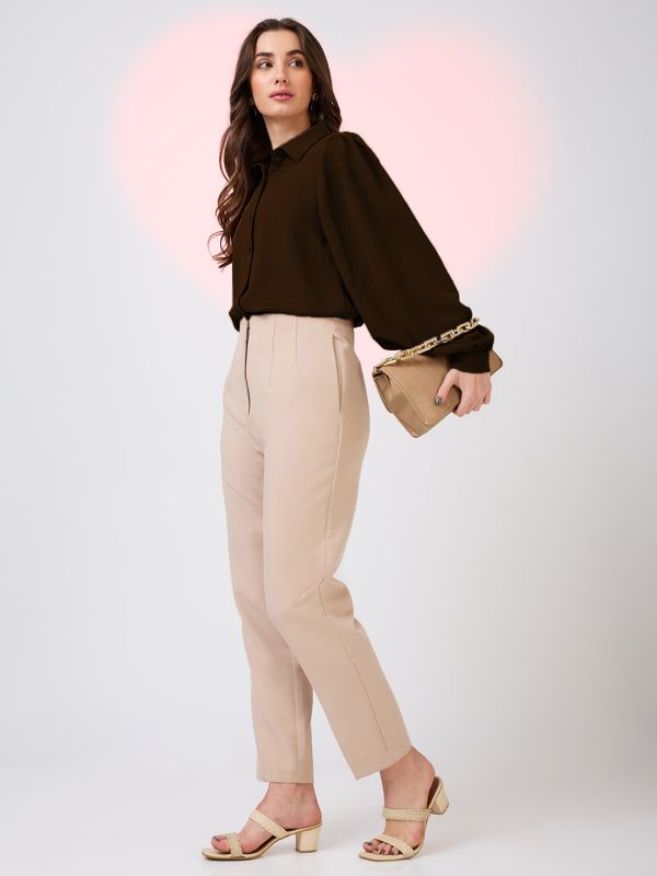 Globus Women Brown Collared Neck Cuffed Sleeves Shirt Style Work Wear Top