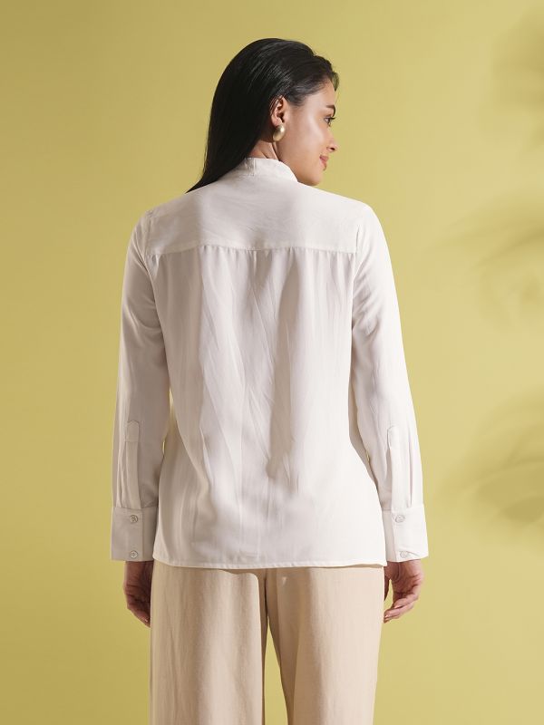 Globus Women White Tie-Up Neck Cuffed Sleeves Shirt Style Workwear Top