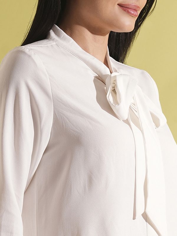 Globus Women White Tie-Up Neck Cuffed Sleeves Shirt Style Workwear Top