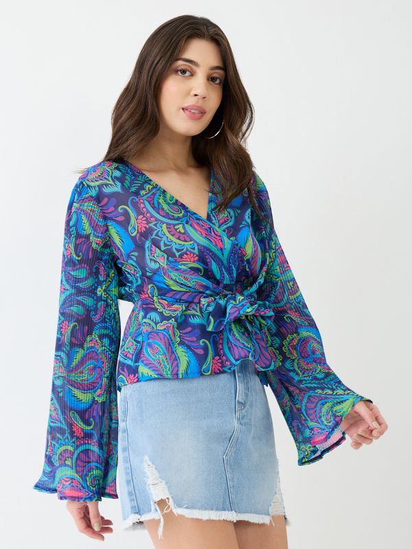 Globus Women Blue Georgette Paisley Print V-Neck Wrap Waist Tie-up Flared Sleeves Peplum Top