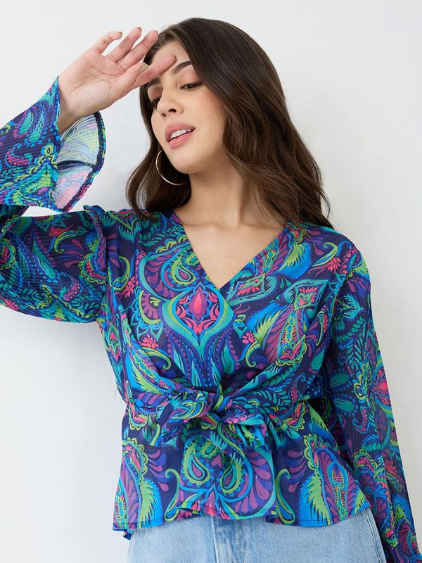 Globus Women Blue Georgette Paisley Print V-Neck Wrap Waist Tie-up Flared Sleeves Peplum Top