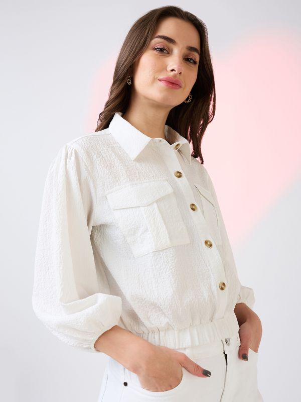 Globus Women White Self Design Collared Neck Puffed Sleeves Shirt Style Workwear Crop Top with Utility Pockets